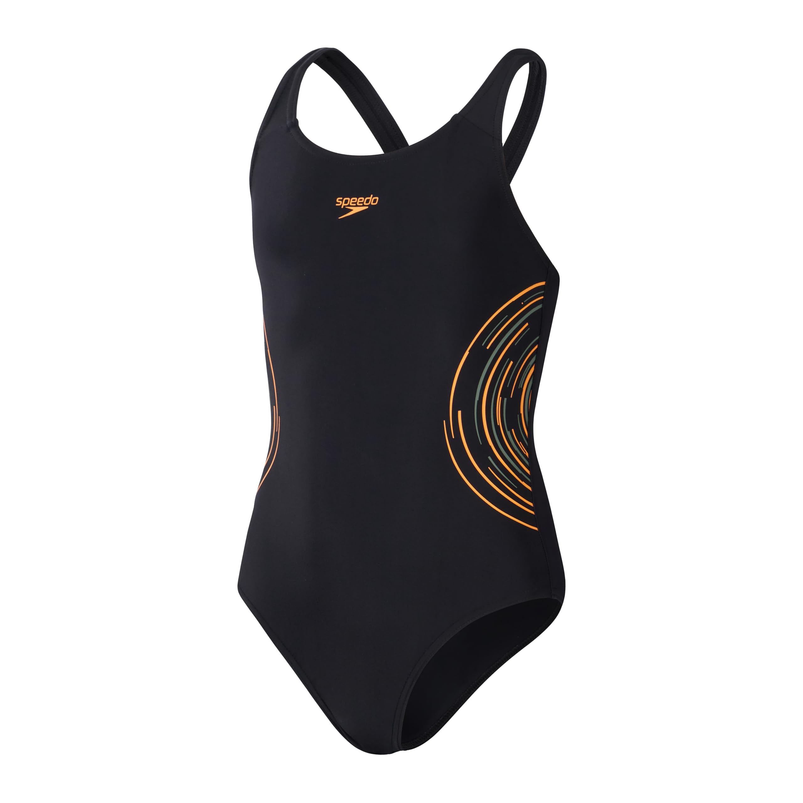 Speedo Girls Placement Muscleback Swimming Costume Black Orange
