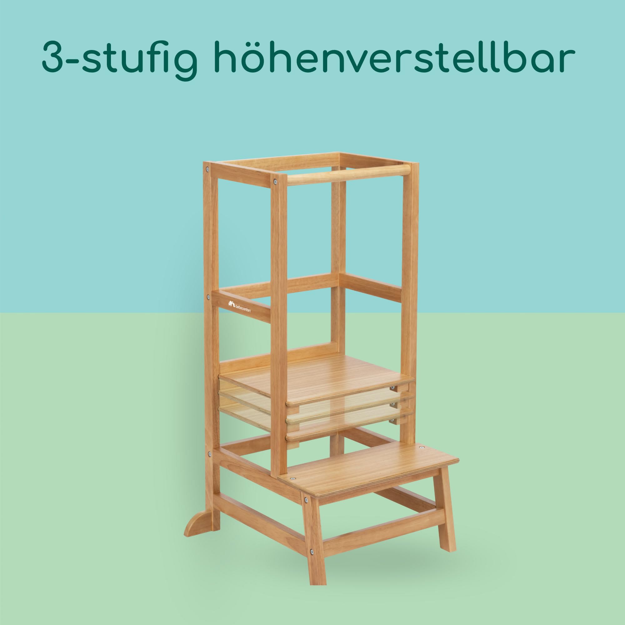 Bebeconfort Nola, Montessori Lernturm Kinder, 1,5–6 Jahre (bis zu 30 kg), 3 Höhenstufen, geprüfte Sicherheit, 6,4 kg leichter Turm für Kleinkinder, langlebiges Design, einfache Montage, Natural Wood