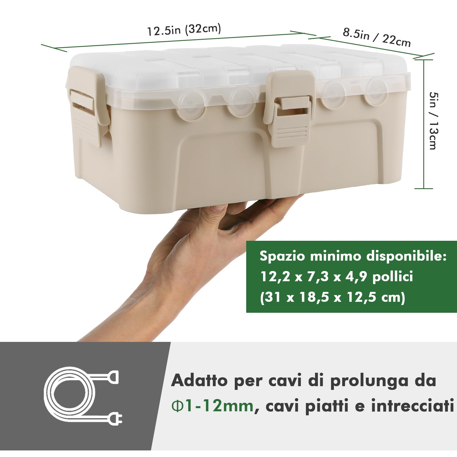 RESTMO Scatola di Sicurezza Impermeabile con Coperchio Trasparente Extra Grande IP54 (32x22x13 cm) – per Esterni, Resistente alle Intemperie, Scatola Elettrica Protettiva, Colore Mandorla Trasparente