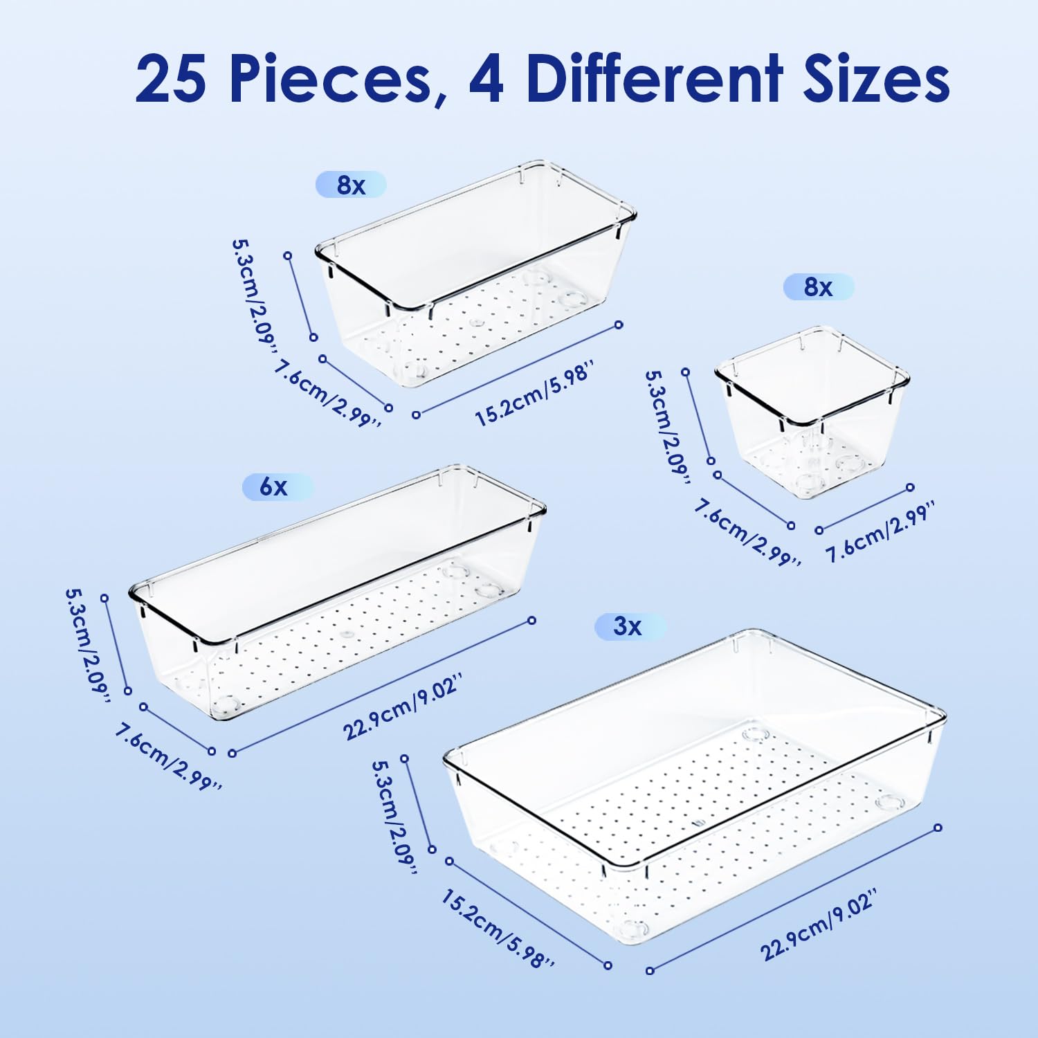 25 Stück Schubladen Organizer aus Klarem Kunststoff, Schminktisch Ordnungssystem mit 4 Größen, Make Up Organizer Kommode Aufbewahrungsboxen Trennbox für Schlafzimmer Bad Büro Gadgets
