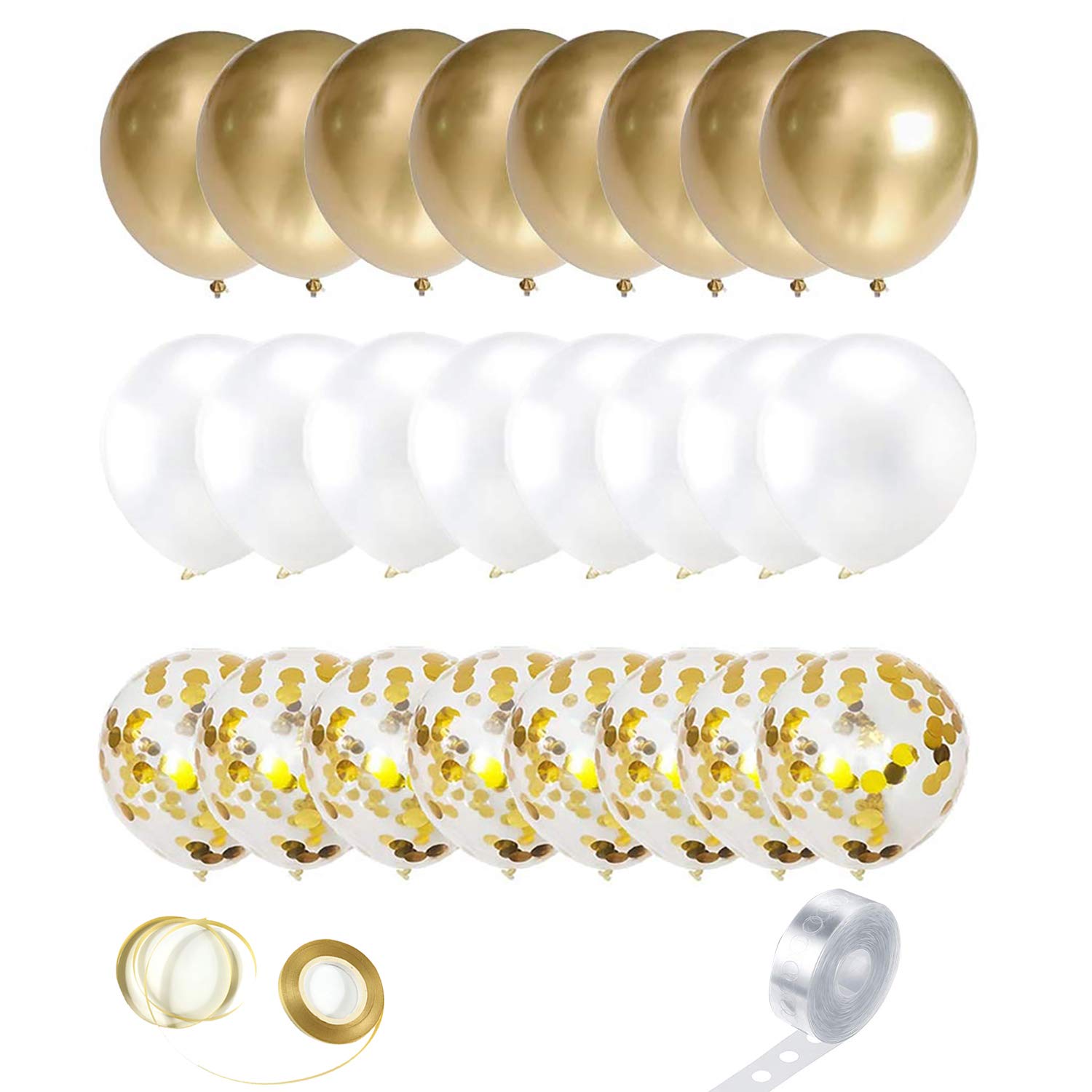 FunvolutionGold Balloons,DIY Balloon Arch Kit - 12" Balloons 52 PCS -White, Gold,Confettii Balloons, with Ribbon and Tape Strips,for Birthday, Wedding, Graduation, Baby Shower Party