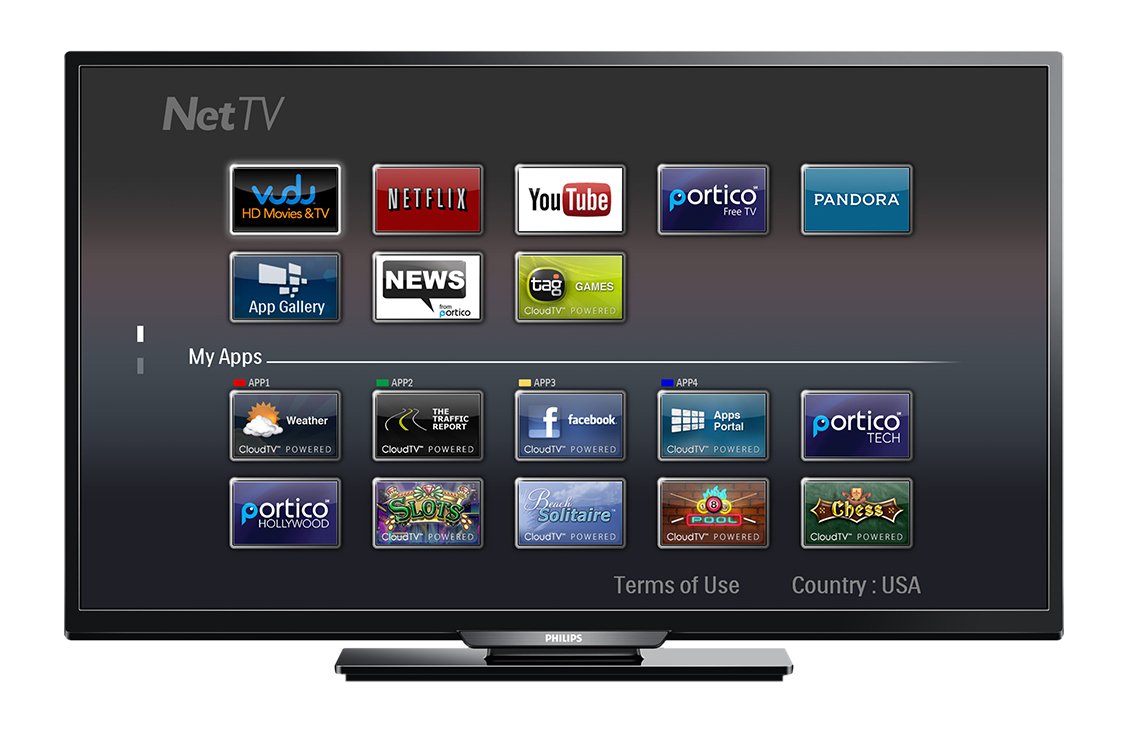 Front view of Philips 40PFL4609/F8 TV displaying the Net TV interface with app icons