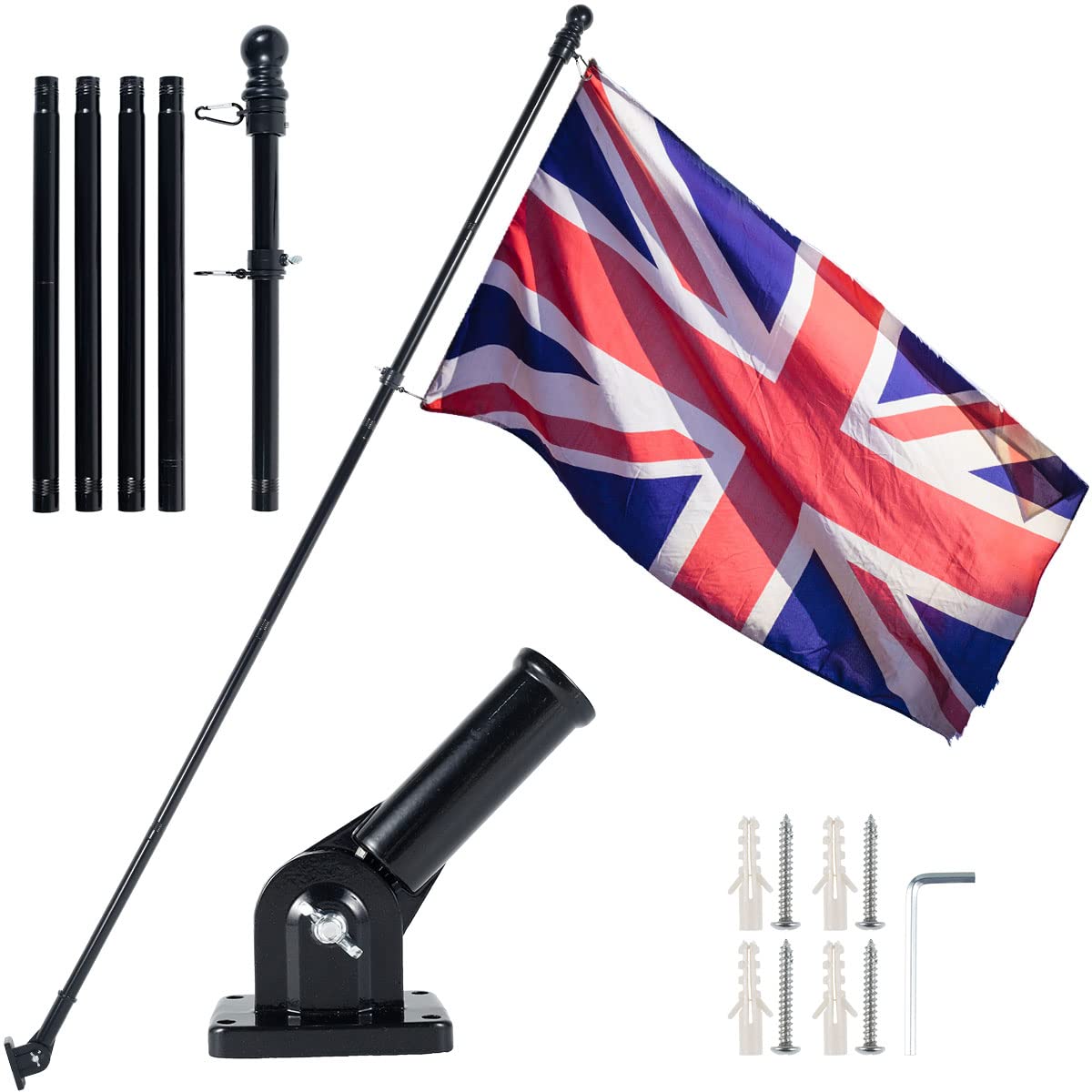 Bobash Black Flag Pole Kit Flag Poles For Garden 1.8M/6Ft Adjustable Wall Mounted Metal Flagpole With Stainless Steel Mounting Bracket Flag And Pole Set For House Yard Outdoor Fence (0.45Cm Thick,No Flag)