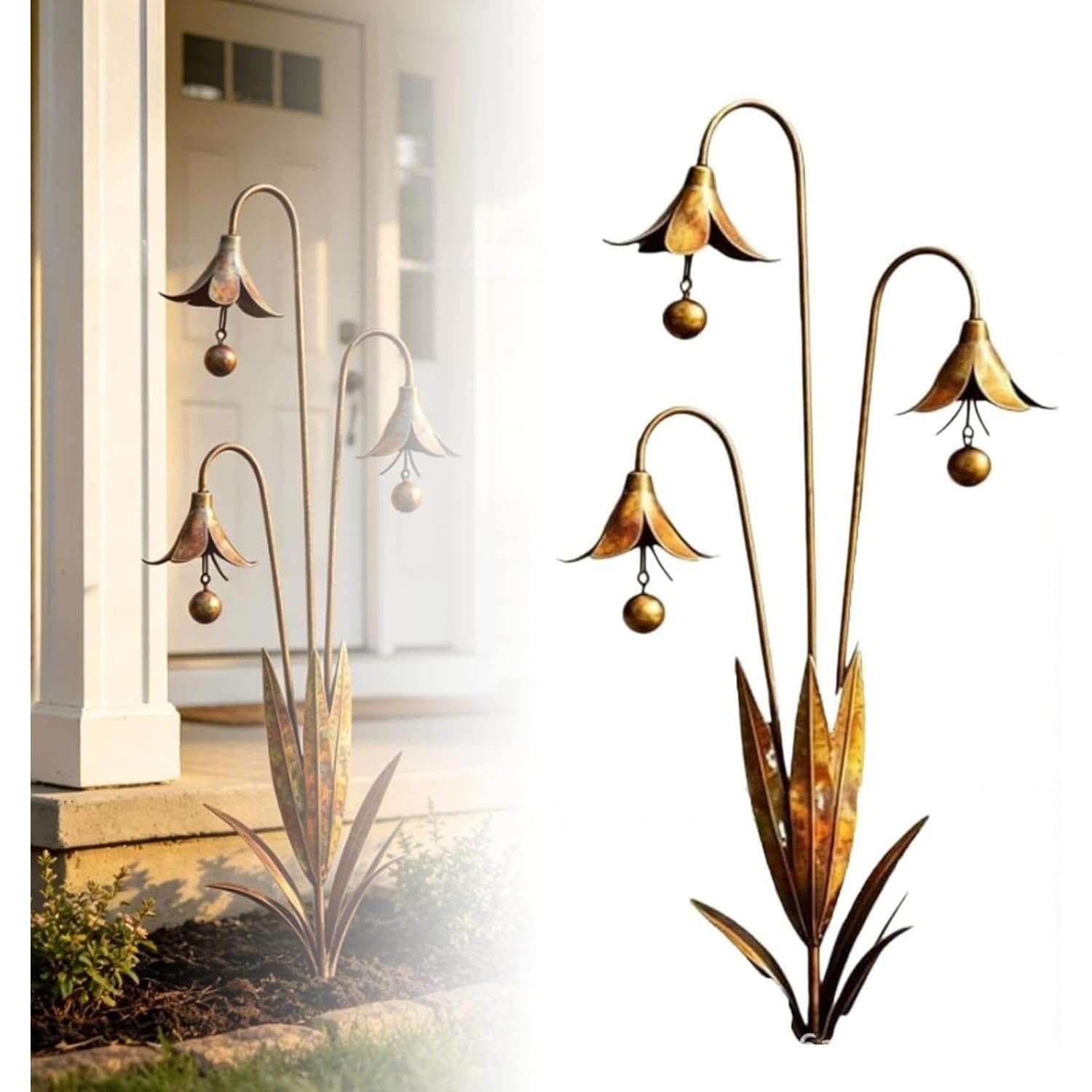 SJPMHYQ Triple Bluebells Garden Stake with Bell, Metal Flower Outdoor Yard Decoration, Weather Resistant Rustic Handmade Ornament for Patio Lawn Walkway(1pc)