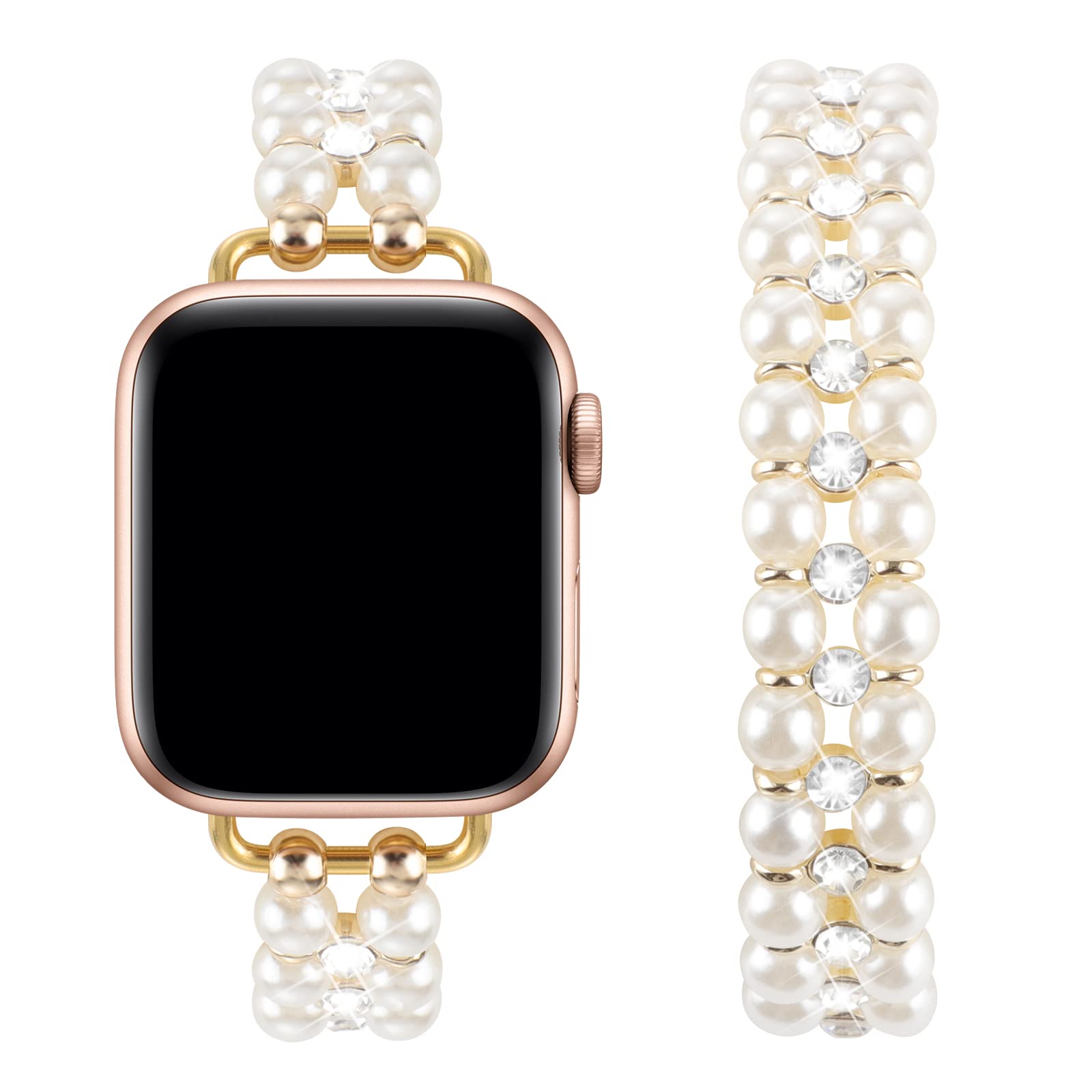 Elastic Pearl Beaded Band Compatible with Apple Watch 38mm 40mm 41mm, Woman Sparkling Bling Diamond Chain Solo Loop Stretch Bracelet Strap Replacement for iWatch Series 9 8 7 6 5 4 3 2 SE (38/40/41mm M, White Gold)