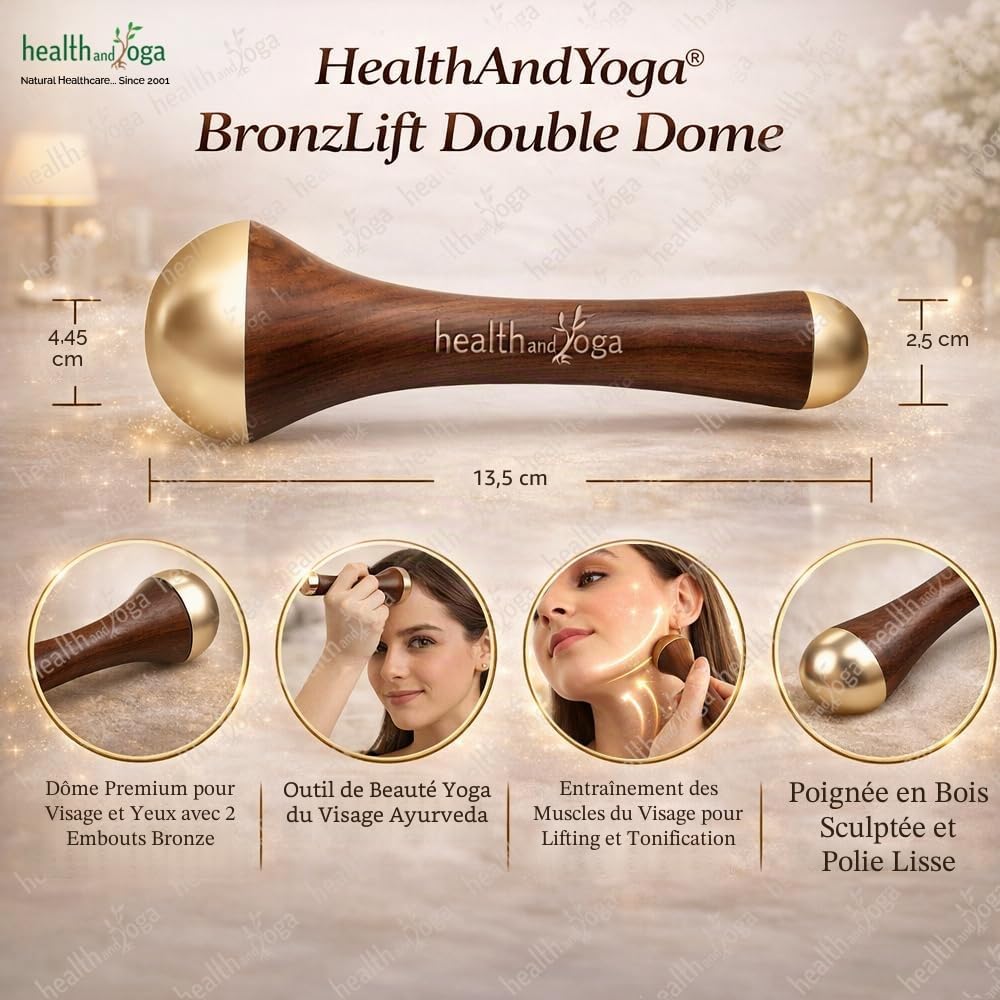 HealthAndYoga BronzLift Kansa Baguette – Capuchon en bronze des deux côtés – Flacon d'huile de beauté ajoutée pour le visage – Outil de beauté ayurvédique pour le visage, le cou et sous les yeux –