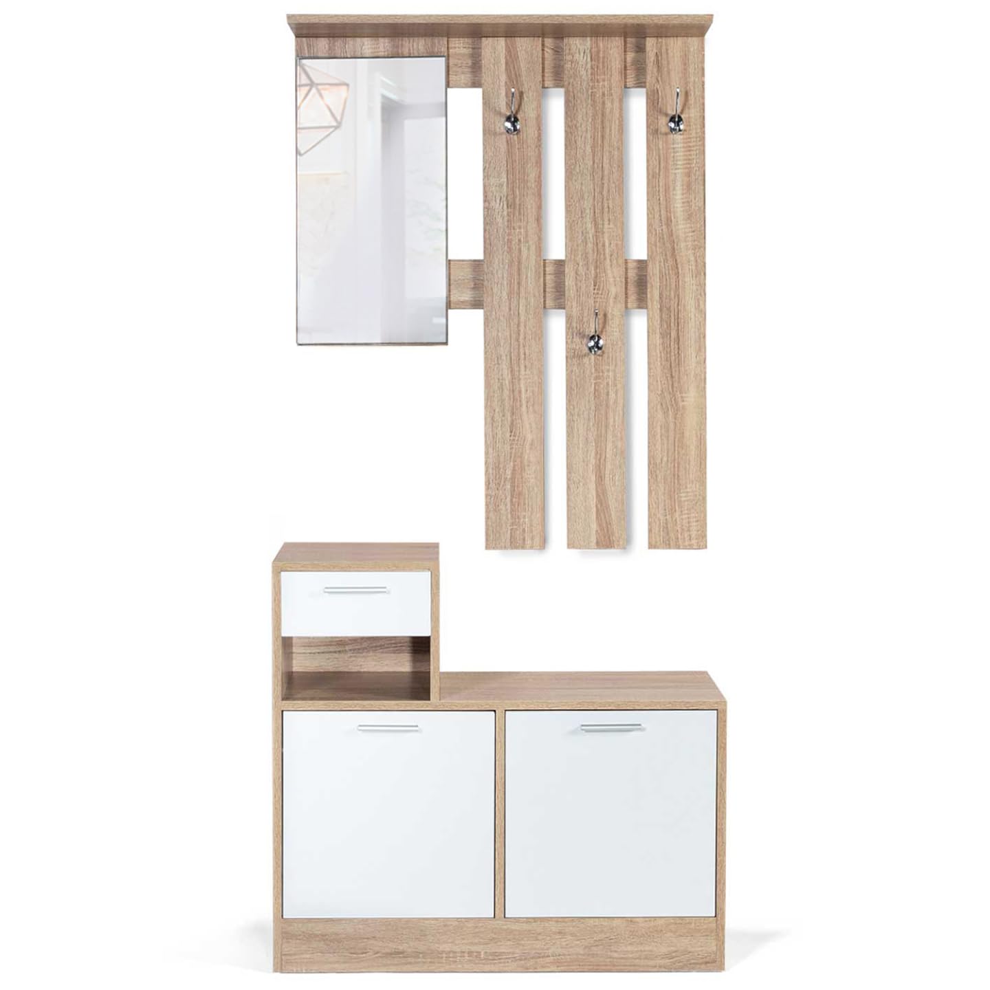 IDMarket - Mobile da ingresso, appendiabiti con specchio, design in legno faggio e ante bianco PAULIN