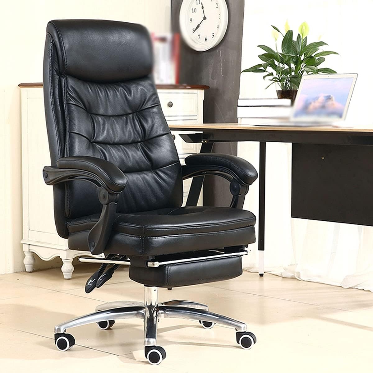 Computer Gaming Chair Home Office Chairs Cowhide Desk Chair Ergonomic Video Game Chairs Reclining Boss Chair with Footstool Black (Color : Black) (Brown)
