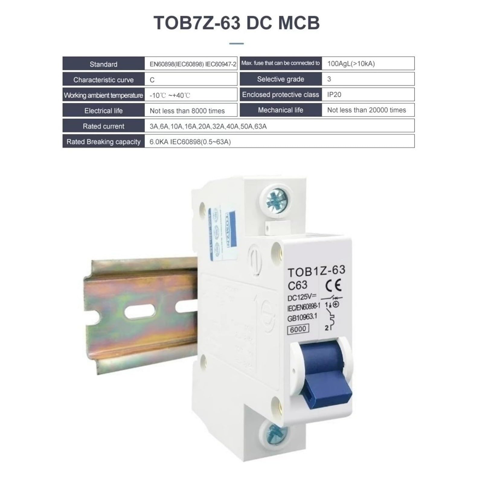 DC MCB Miniinterruttore automatico 6000A 1P 125V