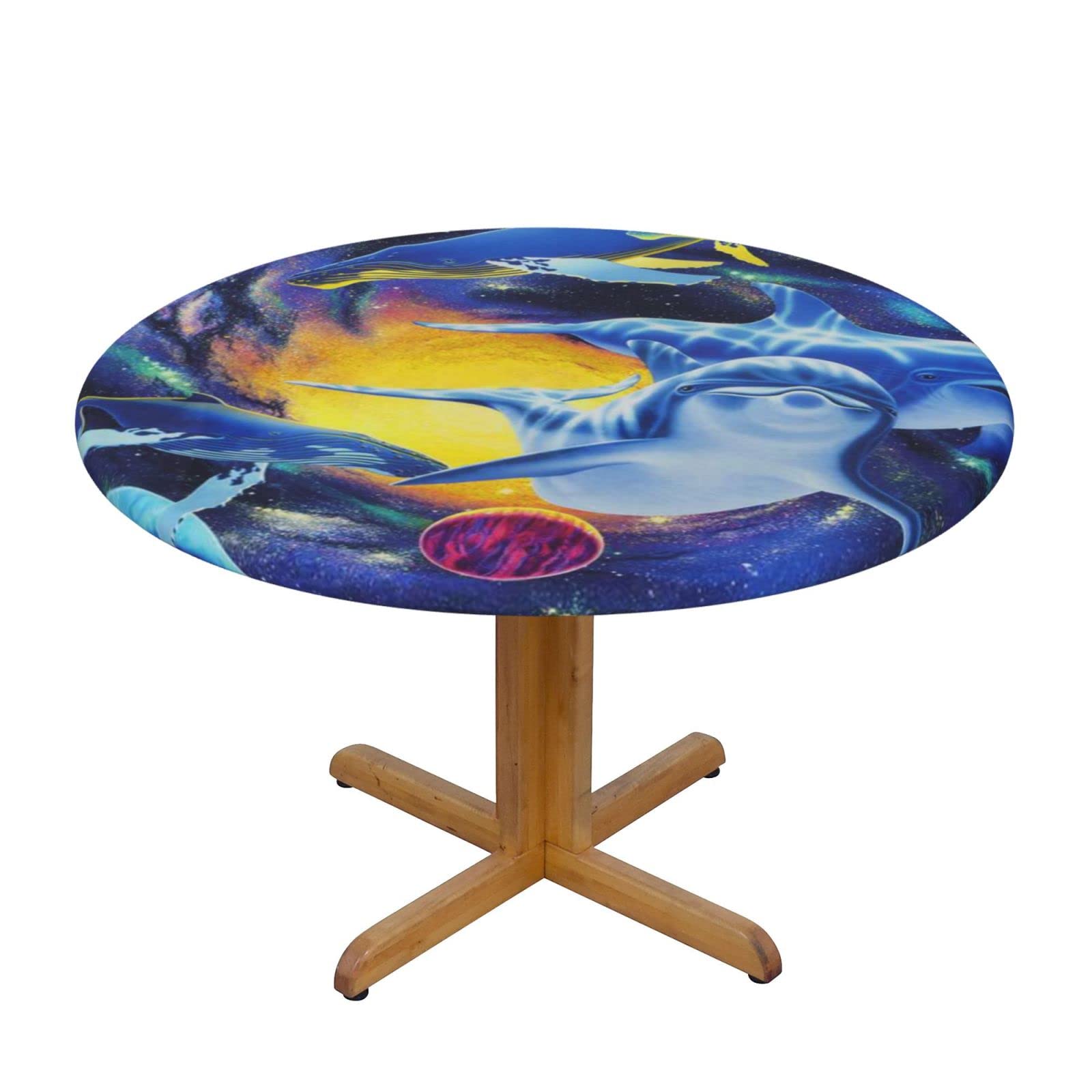 Lsjuee Round Fitted Tablecloth 45-50in Elastic Edged Table Cloth for Kitchen Dining Party Home Decor - Dolphin Whale Abstract Universe Ocean