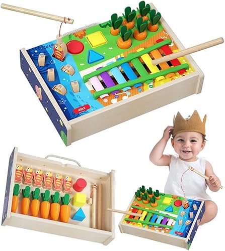 qiangXINGYai Juguetes Montessori de madera 4 en 1 para niños pequeños de 1 a 3 años con xilófono, clasificación de formas, pesca magnética, juego