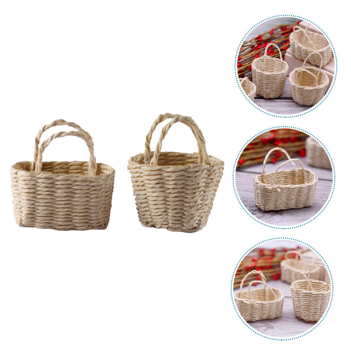 Toyvian 2 Pcs Miniature Storage Basket, Small Bamboo Flower Basket with Handles - Image 2