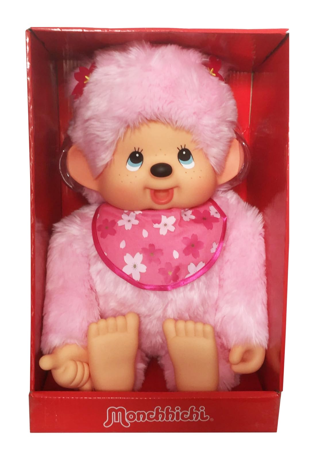 Sekiguchi Original Monchhichi Mädchen Kirschblüte, ca. 80 cm | Plüschtier mit Lätzchen und Zöpfen mit Blumen, Kuscheltier aus rosa Plüsch, 242429