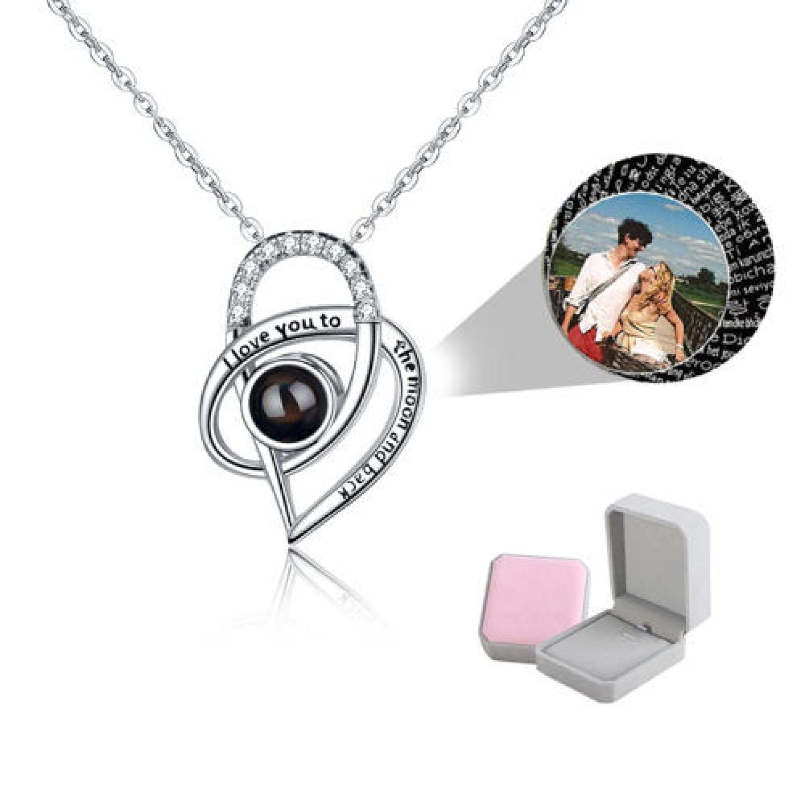 wikkenywikkeny Personalized Photo Projection Necklace, 925 Sterling Silver Custom Name I Love You 100 Languages Pendant Jewelry Gifts Women Girls,silver