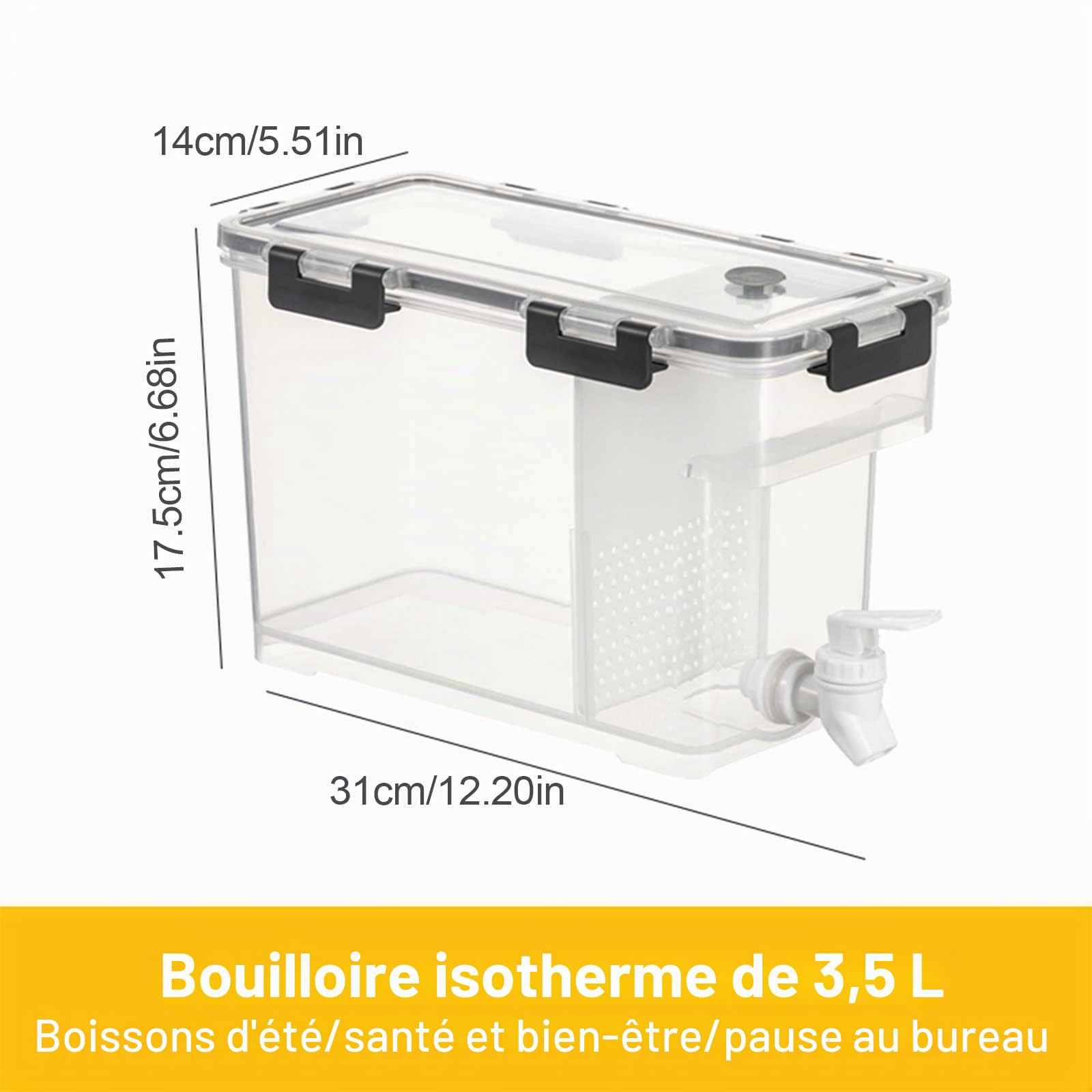 Distributeur de boisson en plastique de 3,5 L avec robinet et filtre pour réfrigérateur, limonade, jus, eau avec couvercle pour fêtes, mariages, Blanc, 1 pièce