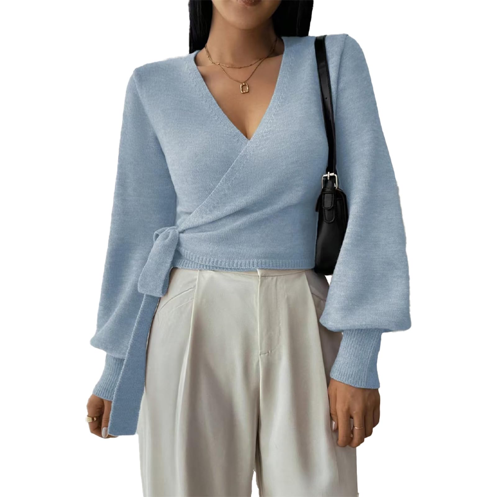 Womens Casual V Neck Criss Cross Wrap Sweater Puff Sleeve Side Tie Cropped Ballet Wrap Elegant Slim Fit
