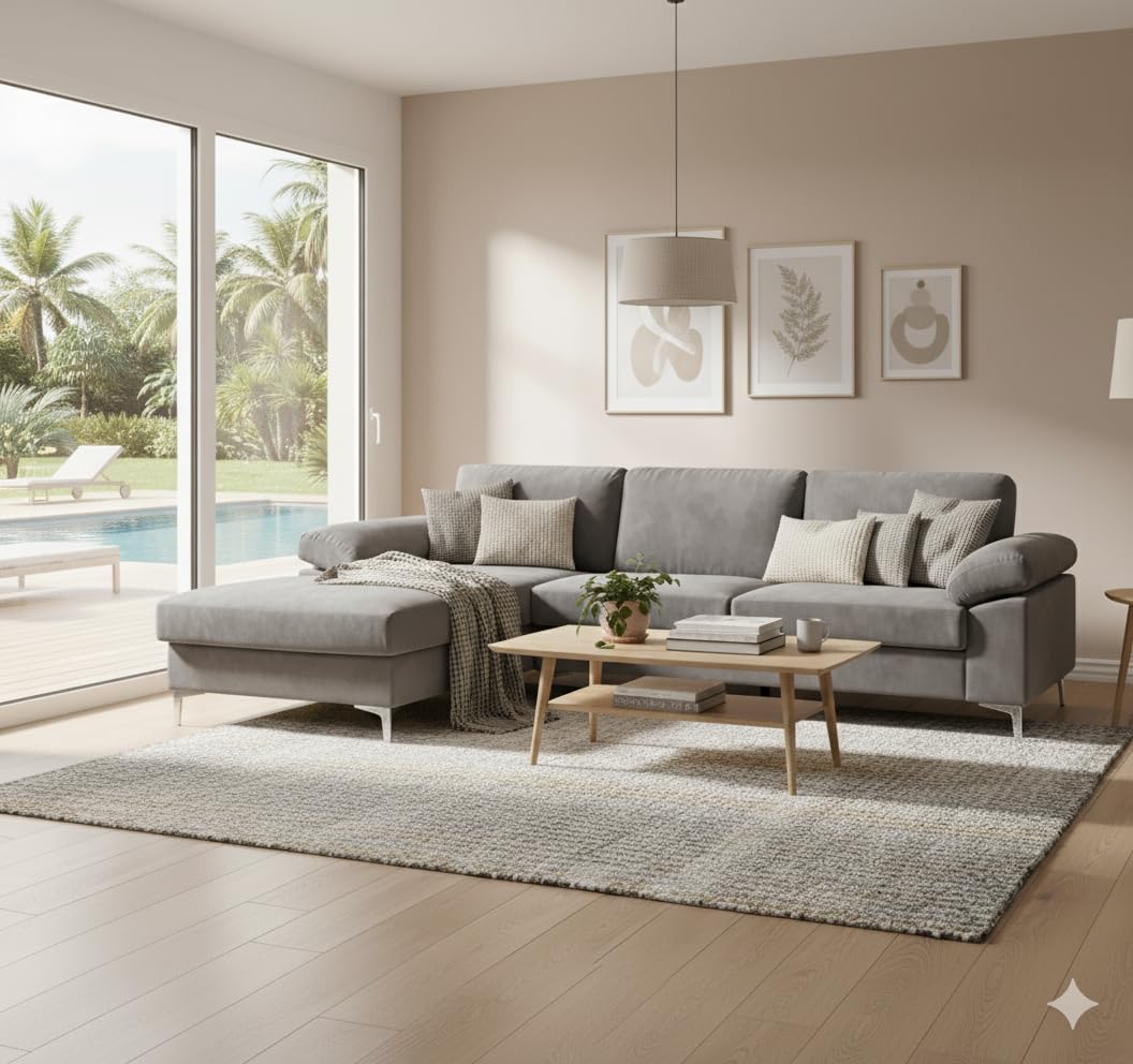 CONCEPT USINE | Divano angolare in velluto 4-5 posti | Design Galway Grigio | Larghezza 262 cm | Angolo sinistro | Comfort ultra lussuoso | Struttura in legno robusto | Piedi in metallo | Stile