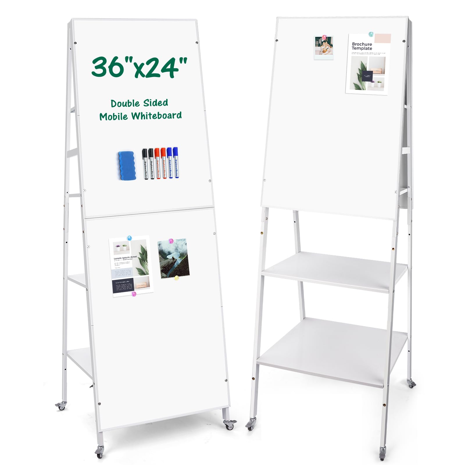 Double-Sided Whiteboard with Stand, 36" x 24" Mobile Dry Erase Board for Office- Adjustable Rolling White Board Easel with 4-Tier Storage Shelf，Magnetic Board on Wheels for Home, School