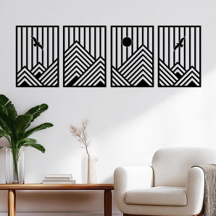 ESTART 4 Stück Schwarze abstrakte Berglinie Metall Wandkunst, Moderne geometrische Bergwanddekoration, Natur abstrakte Linie Minimalistische Wandkunstskulpturen für Wohnzimmer Schlafzimmer Büro Studie