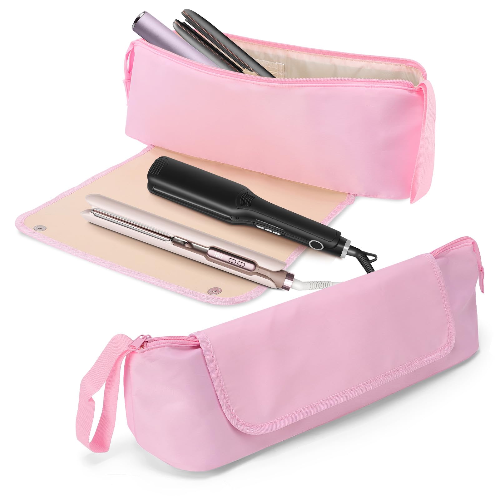 Gugxiom Borsa da viaggio per acconciature con base resistente al calore, borsa 2 in 1, grande capacità per arricciacapelli, piastre per capelli, asciugacapelli e spazzole ad aria calda (rosa)