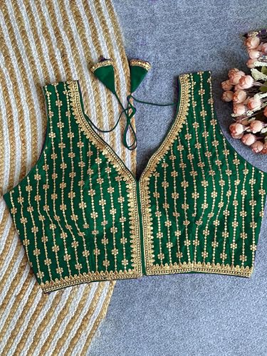 Image of TRENDMALLS Women's Dhupion Silk Embroidery Sequence Work V Neck Sleeveless Blouse Choli Stylish Saree Blouse Ready to Wear