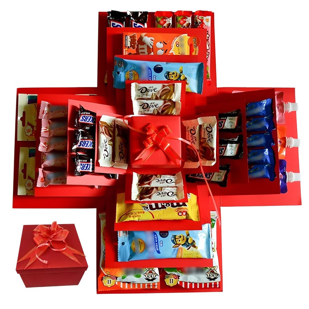 DIY Explosion Gift Box,5 Layer Snack Explosion Box, Creative Explosion Box with tape and ribbon, Handmade Surprise Boxes for Birthdays, Christmas, Valentine's Day, Anniversaries (Red)