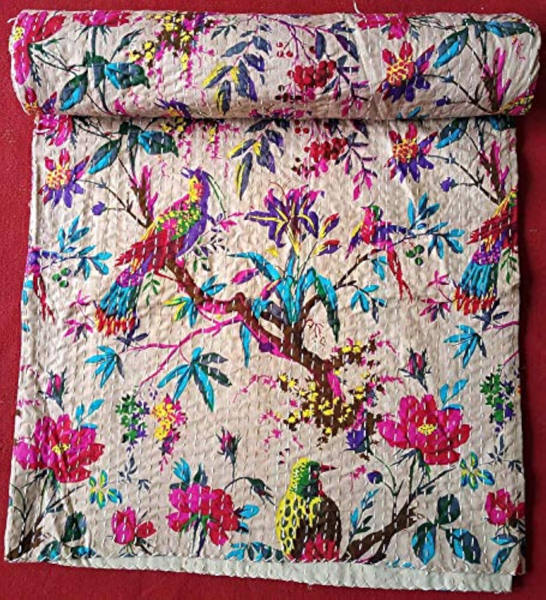 Handmade Birds Bedcover Kantha Quilt, Blue Grey