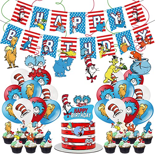 Doctor Seuss Birthday Party Decoration ,With Happy Birthday Banner,Caketoppers,Balloons,Spiral Decorations Party Set, Cat In The Hat Birthday Themed Party Decorations #TOP14