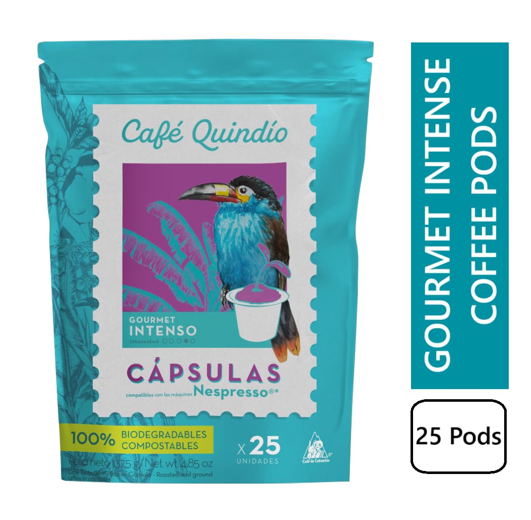 Café Quindío Kaffeekapseln - kompatibel mit Nespresso, 100% Arabica, Specialty Coffee, Kolumbien, Mittlere Röstung - Nachhaltig und Kompostierbar, 25 Kapseln/Beutel (137.5 g, Gourmet Intense)