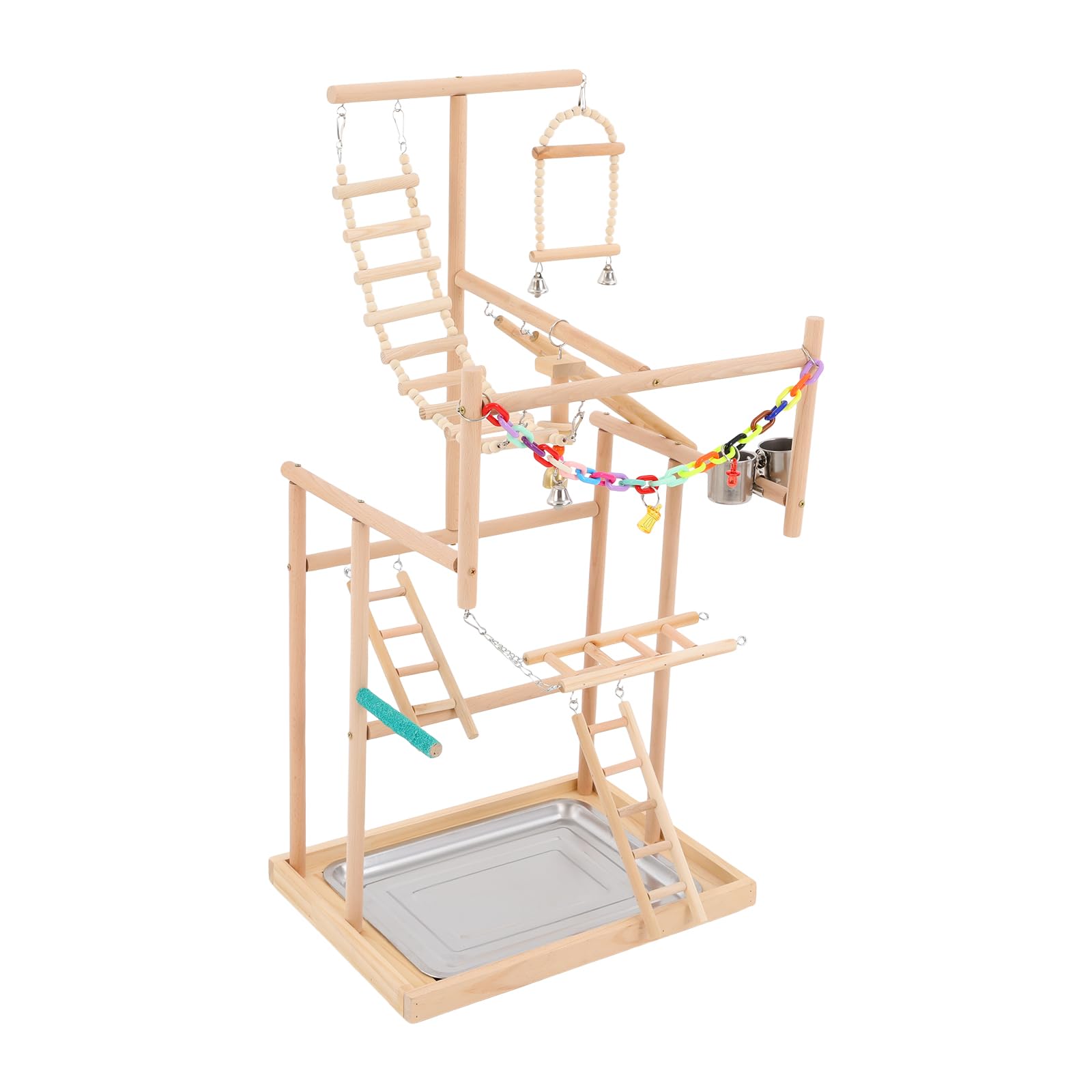 Papageien-Spielplatz aus Buchenholz mit Edelstahl-Futterbechern, Holzschaukel, Leiter, Bunte Kunststoffkette für Haustiere, Vogelspiele, 48*33.5*94.5 cm, XL
