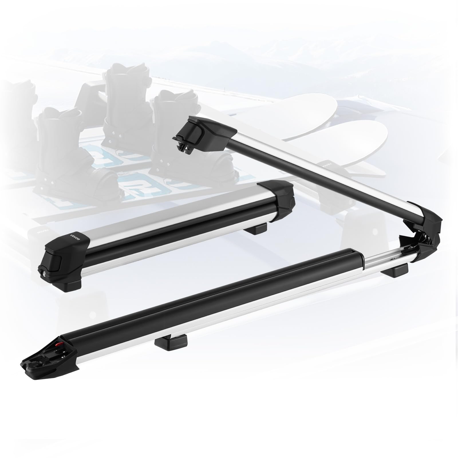 VEVOR Ski & Snowboard Roof Rack, Carry up to 4 Pairs of Skis or 2 Snowboards, 2 PCS Aluminum Universal Car Roof Rack Top Holder with Lock & Rubber Padding, Carrier for Fishing Rod, Fit Most Crossbars