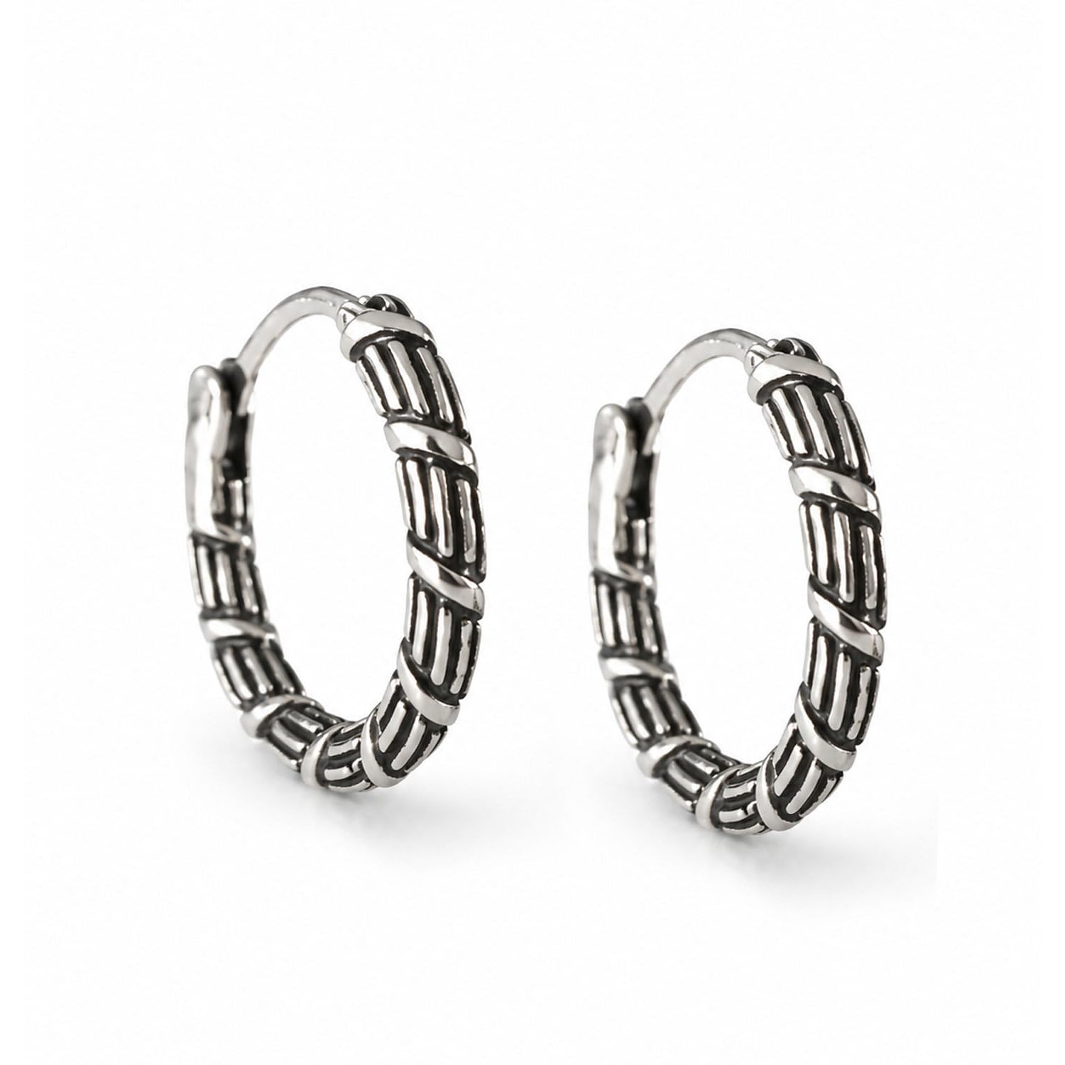 vama FASHIONS Silver Plated Oxidized Anti Tarnish Stainless Steel Black Huggie Hoop Earrings Textured Metal Loop Antique Kaju Bali Hoops Hypoallergenic Tribal Earring For Mens & Boys-picture-0