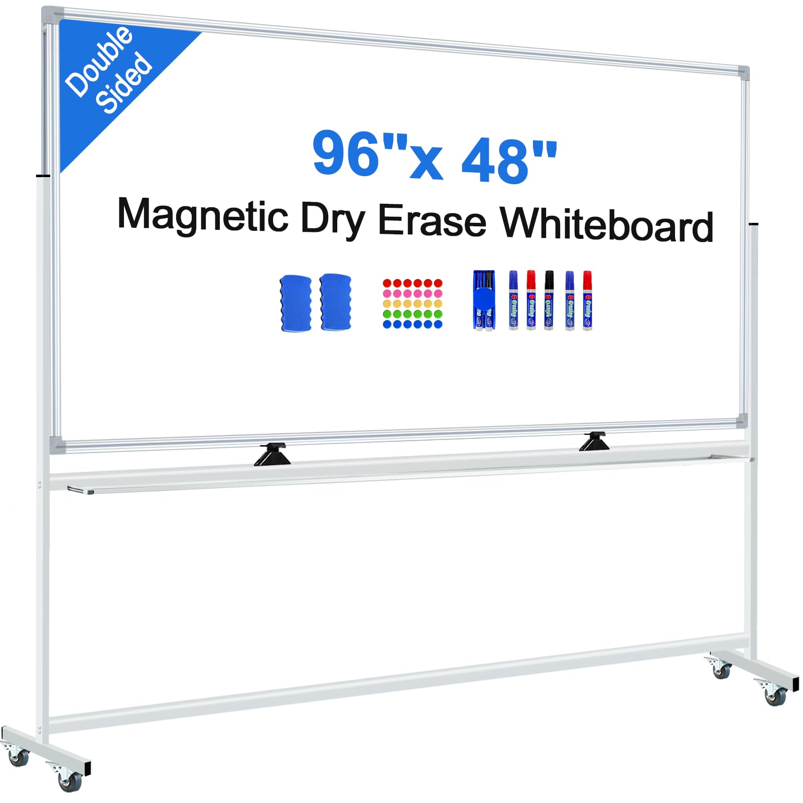 96"x48" Large Magnetic White Board Dry Erase Whiteboard with Rolling Stand 8'x4' Double-Sided Mobile White Boards on Wheels, Including 3 Magnetic Erasers, 7 Markers, 30 Magnets