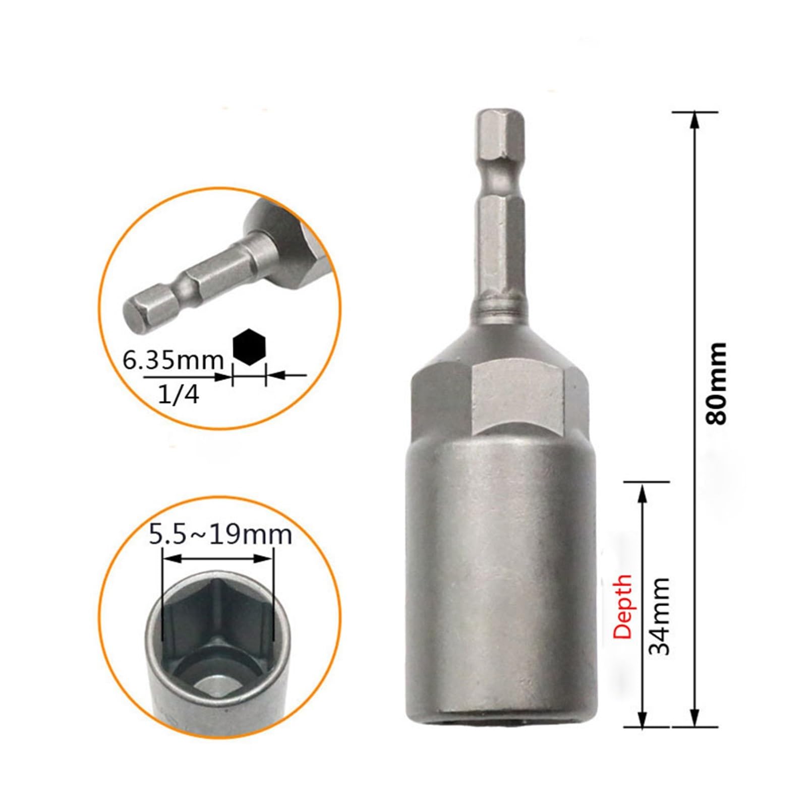1 szt. Głębokie gniazdo sześciokątne klucz nasadowy wiertło 1/4 "uchwyt sześciokątny adapter gniazda udarowego długość 80mm wkrętaki bity 5.5-19mm szybki adapter (Size : 14pcs 6mm-19mm)