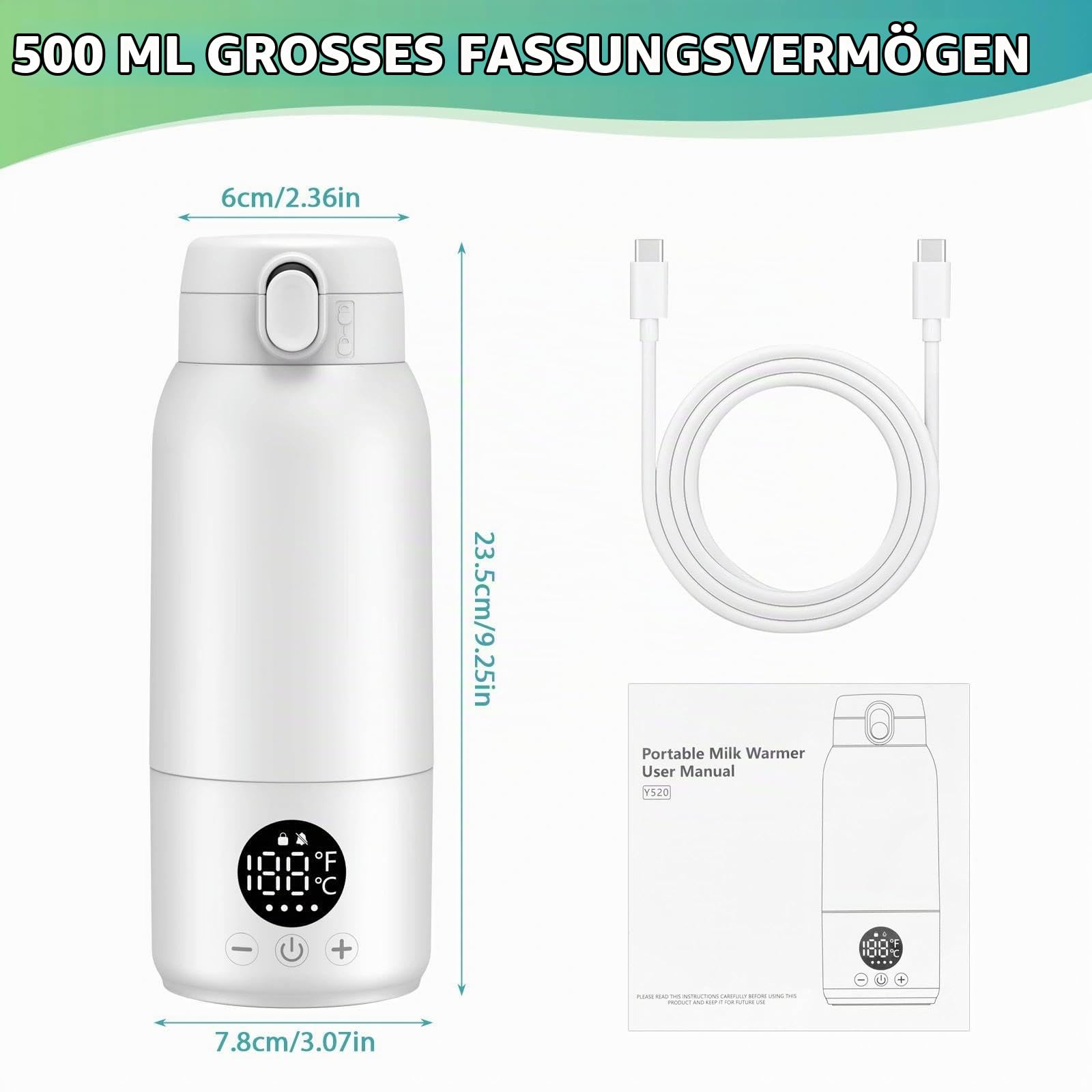 Tragbarer Flaschenwärmer Baby Unterwegs 500ml Flaschenwärmer mit Lange Akkulaufzeit 11000mAh 35-70℃ Einstellbar Babyflaschenwärmer Schnelles Aufheizen für Muttermilch und Wasser