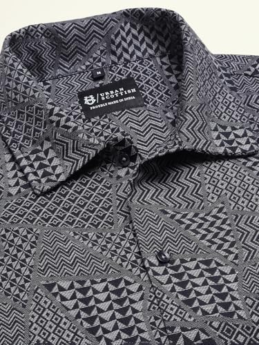 Image of Urban Scottish Men's Oversized Shacket,Cotton Jacquard, Long Sleeve Button Down Collared Shirt, Long Fit, Stylish Casual Outerwear, Jacket for Men - Black & Grey