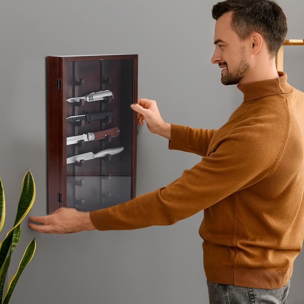 UNICRAFTALE Vetrina in legno con porta in vetro acrilico trasparente di cocco, coltello pieghevole militare, supporto militare, scatola per ombre per montaggio a parete, display da scrivania, 263 x