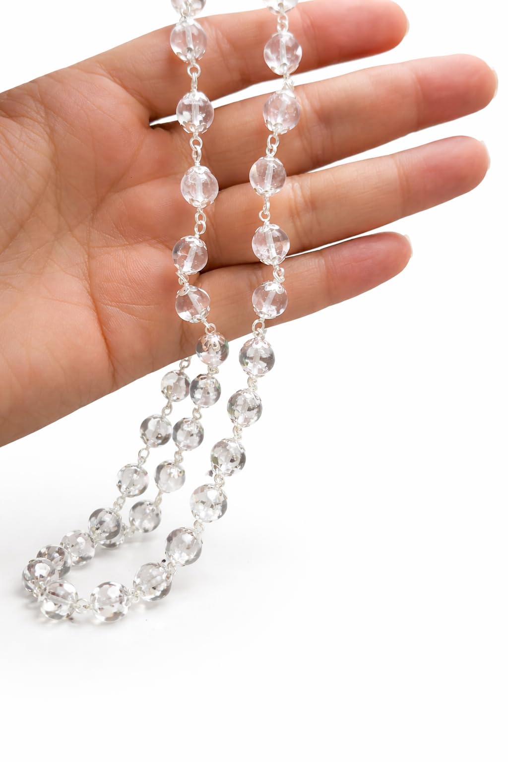 Silver Cap Sphatik Mala 8mm 54+1 Bead | Tested BY ISO Certified Lab | Original & Natural Clear Quartz Crystal Jap Mala with Silver Chain for Meditation, Pooja, Chakra Healing & Positive Energy-image-4