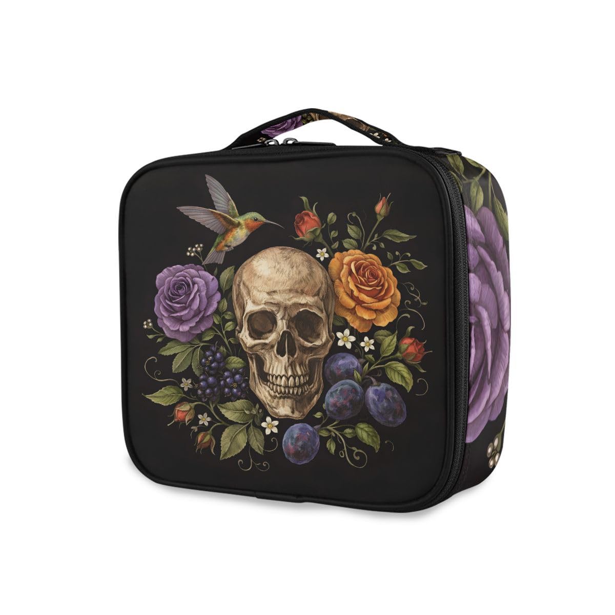 ALAZA Travel Makeup Case, Day of The Dead Skull Rose Humming Bird Dia Muertos Cosmetic toiletry Travel bag for Women Girls