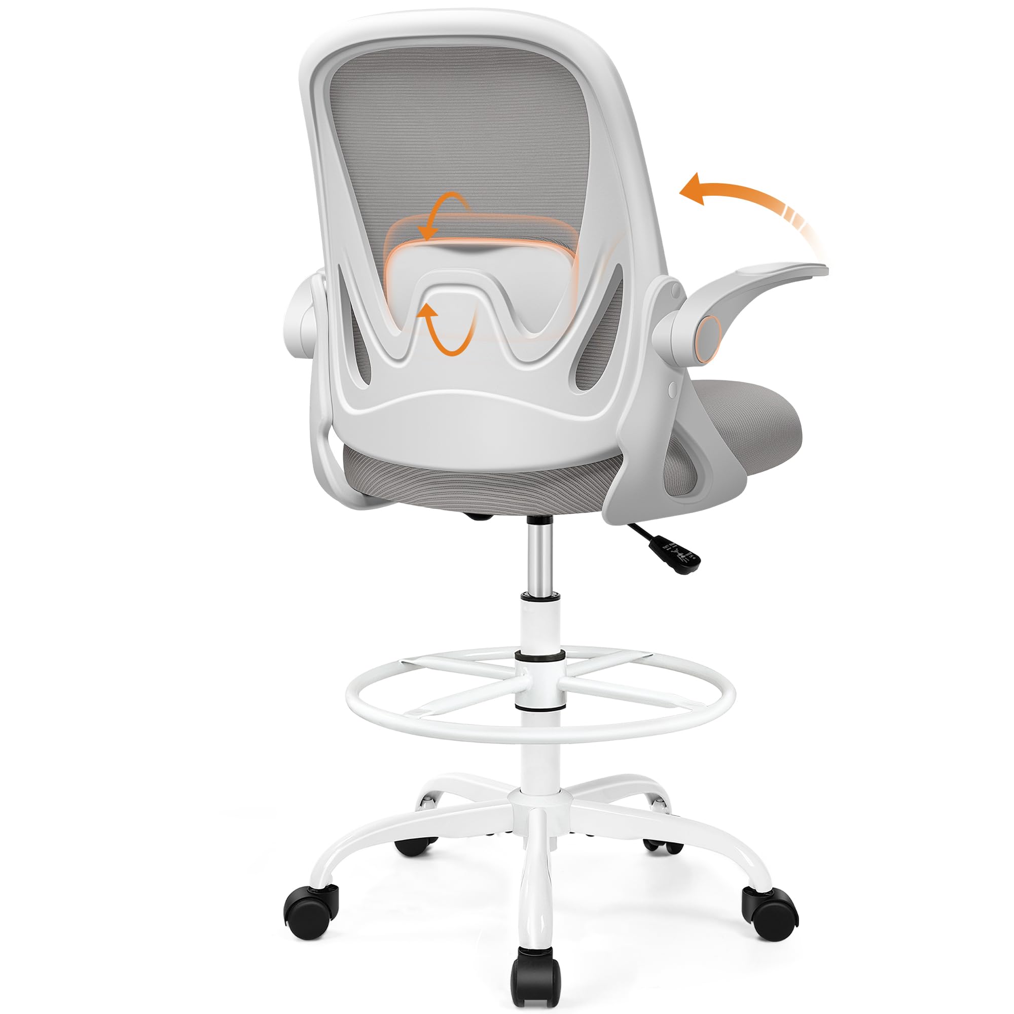 Drafting Chair Tall Office Chair with Flip-up Armrests, Adjustable Height, and Enhanced Lumbar Support - Ergonomic Rolling Stool, Back Support, and Adjustable Foot Rest Ring for Standing Desk Gray
