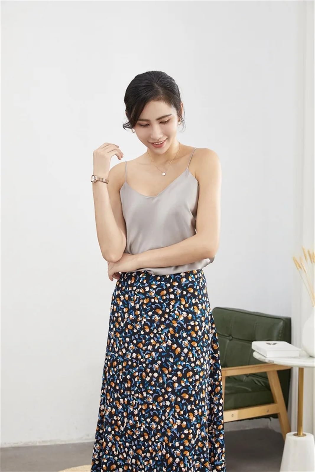Top de Camisola de Seda Camisola de Seda Doble Capa for Mujer, Bandeau Morera, Camisetas sexys con Cuello en V, Chaleco Verano para IR al Trabajo