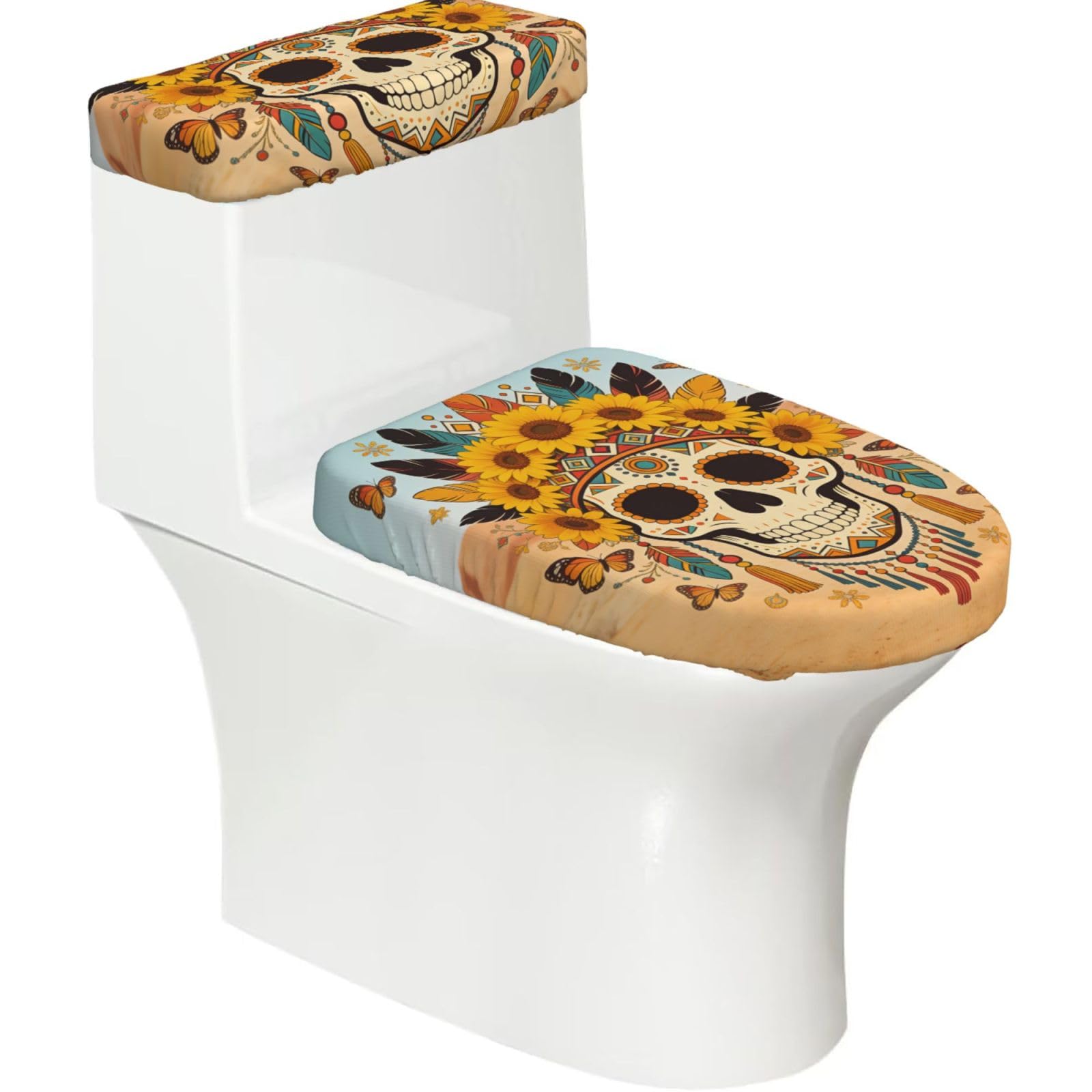 Duykimqw Black Sunflower-Adorned Sugar Skull Print Bathroom Toilet Lid Cover