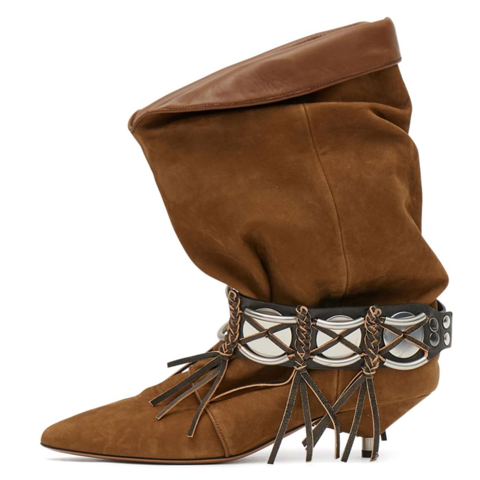 Western Cowboy Boots for Women Slouchy Cowgirl Boots with Fringe Ruched Slip-On Mid Calf Kitten Low Heels Pointy