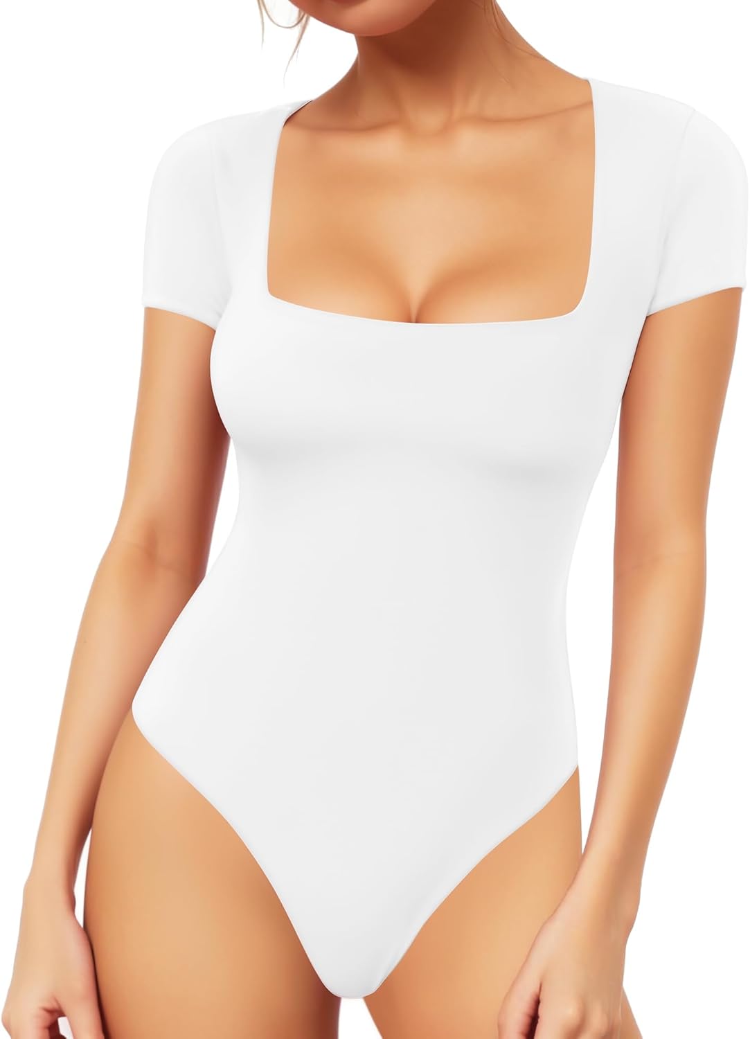 MANGOPOP Women's Square Neck Short Sleeve Long Sleeve Bodysuit Sexy Body Suits Shirt Slim Fitted Tops