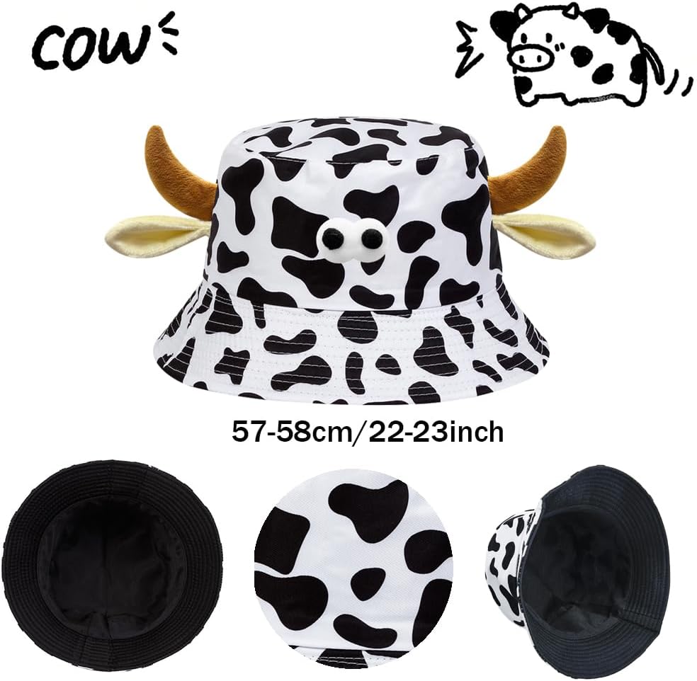 Cow Bucket Hat with Cute Horn Ears Cow Print Summer Hat Fisherman's Hat Print Sun Cap for Women with Uv Protection (Cow Black) - Image 2