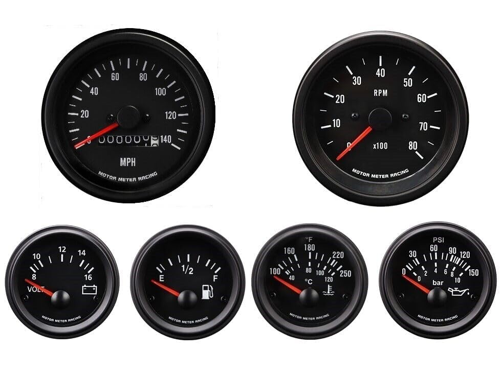 Image of MOTOR METER RACING VD Vintage Mechanical 6 Gauge Set Black Dial Red Needle | Speedometer Cable Signal, 85mm, 3-3 /8 inch, 52mm, 2-1 /16 inch, Speedometer Analog Odometer, White LED Illumination, Car, Automobile
