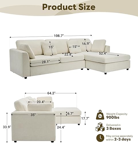 Miniatura 2 de Tbfit Sofá modular en forma de L, sofá modular de gran tamaño de 108 pulgadas con diván convertible, cómodo sofá de 4 almohadas para sala de estar,