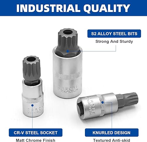 Miniatura 3 de DAKCOS XZN - Juego de llaves de vaso con ranura cuadrada triple, 10 unidades, color plateado M4 - M18, acero de aleación S2 premium, unidad de 14"