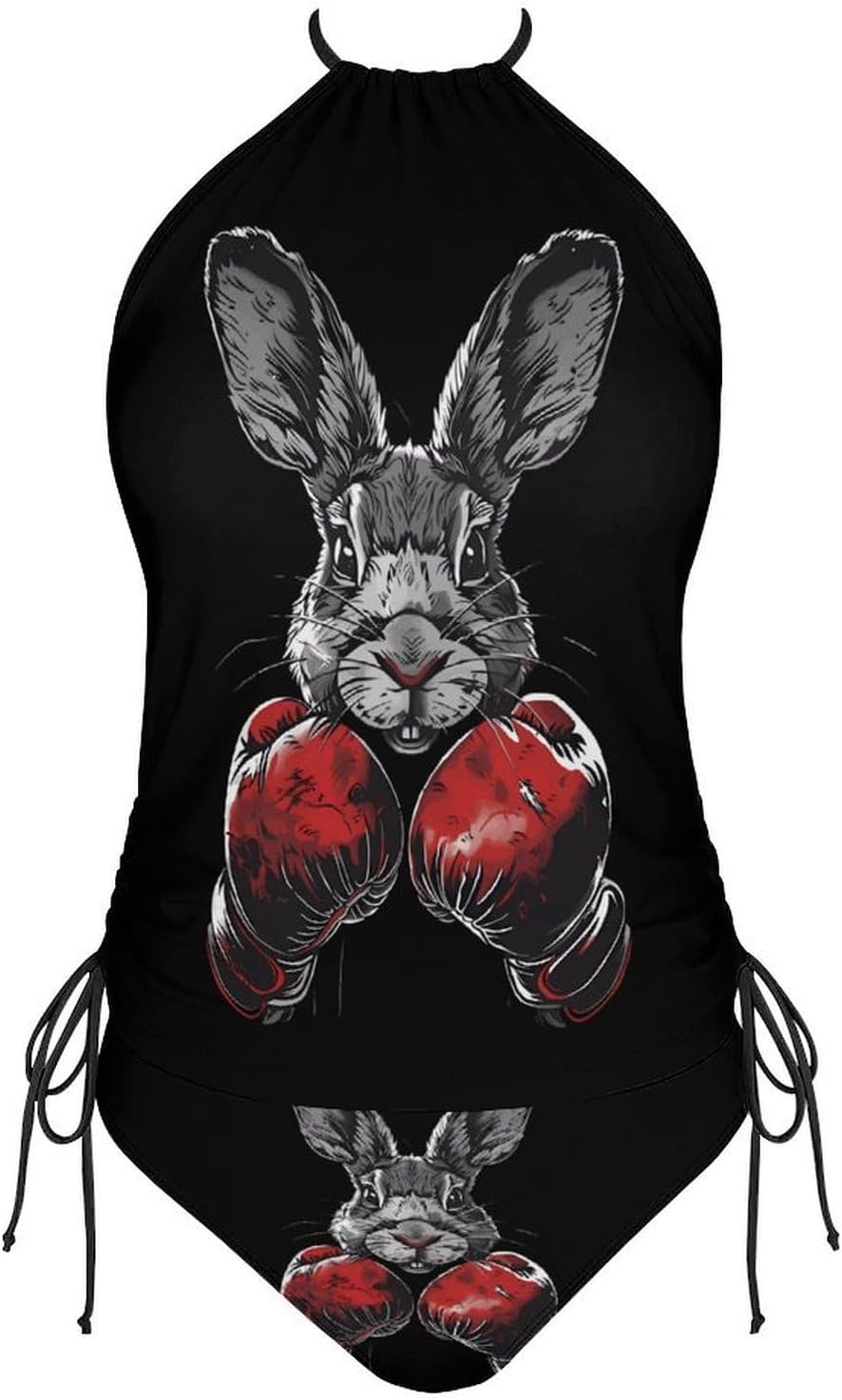 Funny Boxing Rabbit Women's Tankini Swimsuit Two Piece Tummy Control Bathing Suits Tie String Swimwear