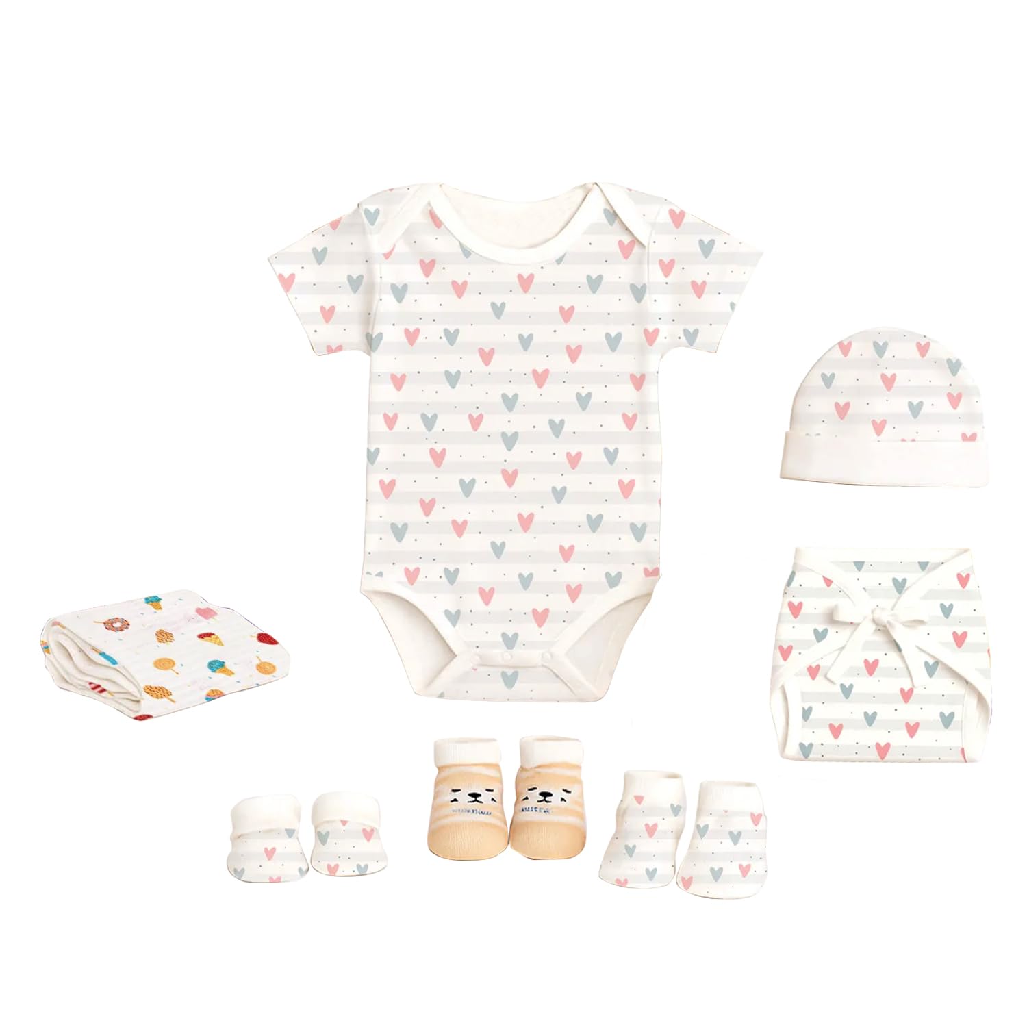 MOM'S HOME Organic Cotton Baby Essentials Gift Set | Baby Shower Gift Hamper | Baby Clothing Gift Combo | 0-6 Months | Little Heart | Pack of 7-image-37